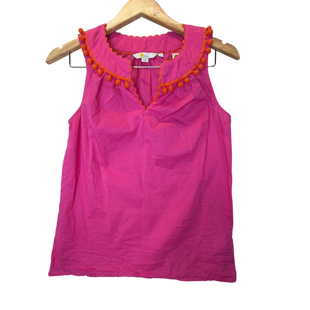 Boden Pink Pom Pom Trim Sleeveless Cotton Blouse  Twee Boho Preppy Top US 2